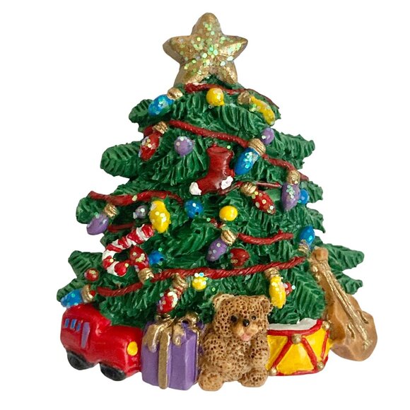 Vintage Christmas Tree Pin Brooch Resin Teddy Bear Music Instruments Star Lights - Picture 1 of 11